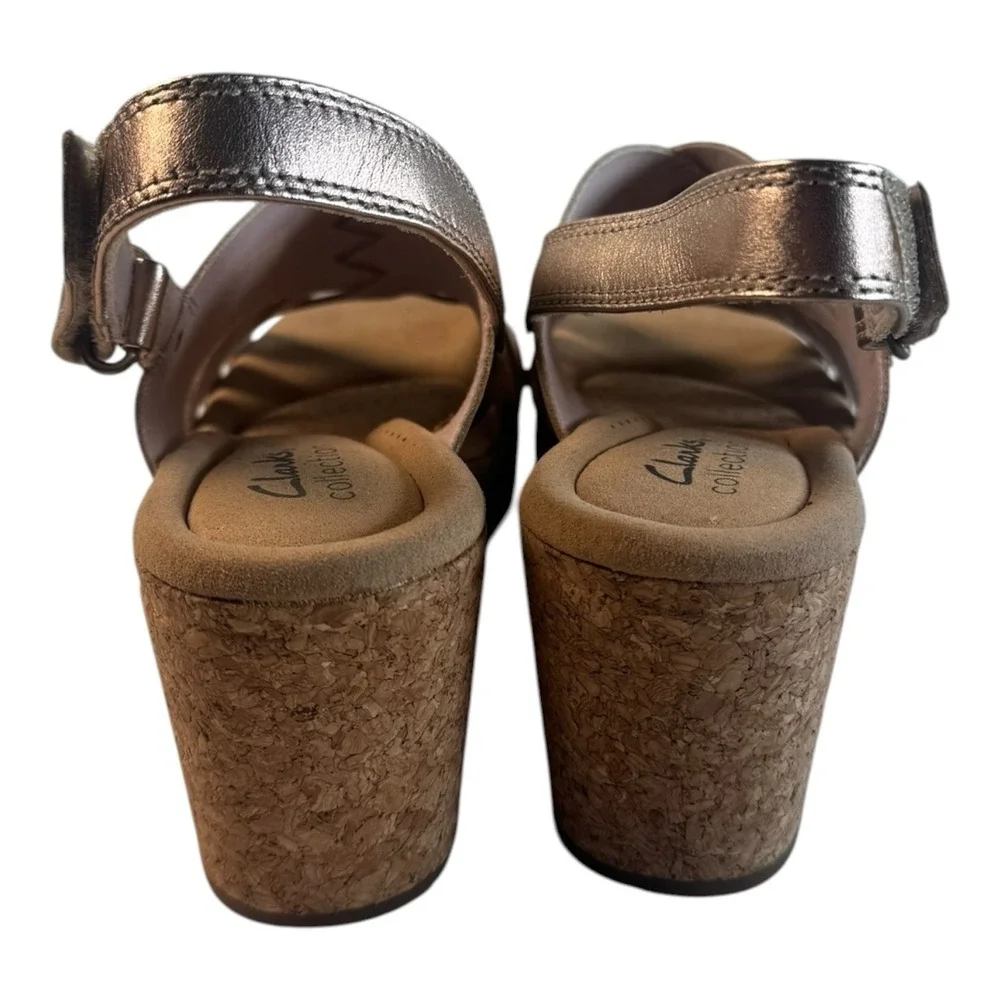 Clarks Collection Womens Metallic rRose Strappy Cork Wedge Sandals 7.5 M